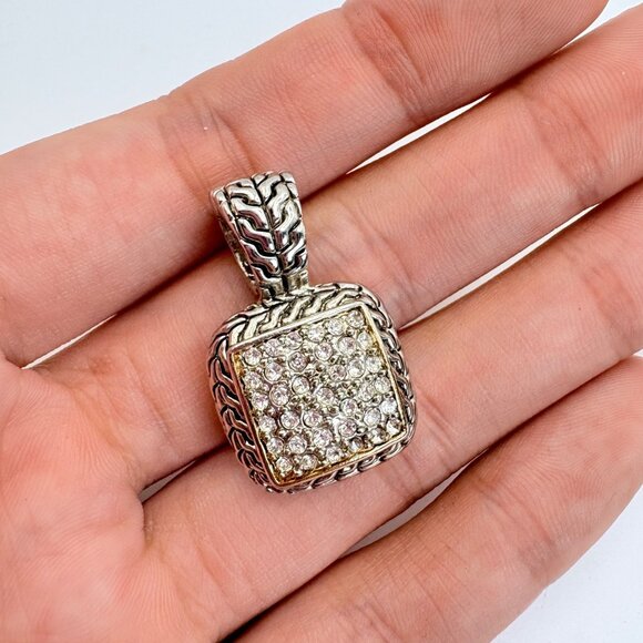 Silver Plated Cubic Zirconia Pavé Set Etched Design Border Pendant Size 1.25" - Picture 7 of 11
